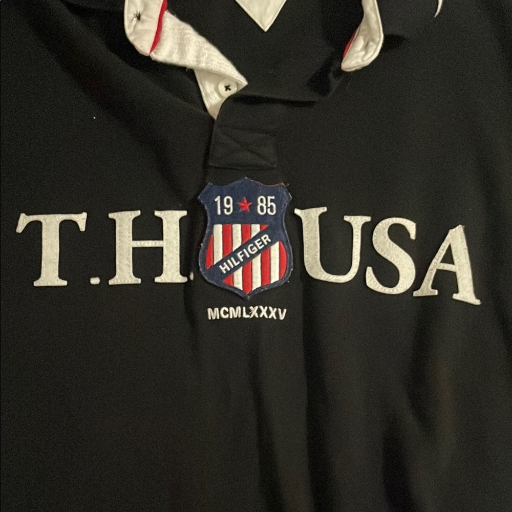 Tommy Hilfiger Black USA Polo with White and Red Details 100% Cotton Size XL - Picture 3 of 8